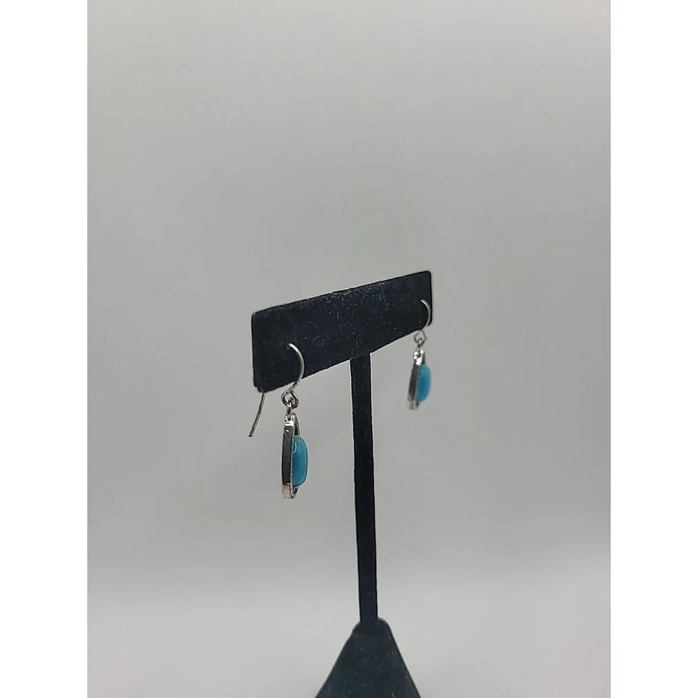 Blue Cats Eye Teardrop Dangle Earrings Silver Tone Glass Stone Minimalist Boho - Picture 4 of 9